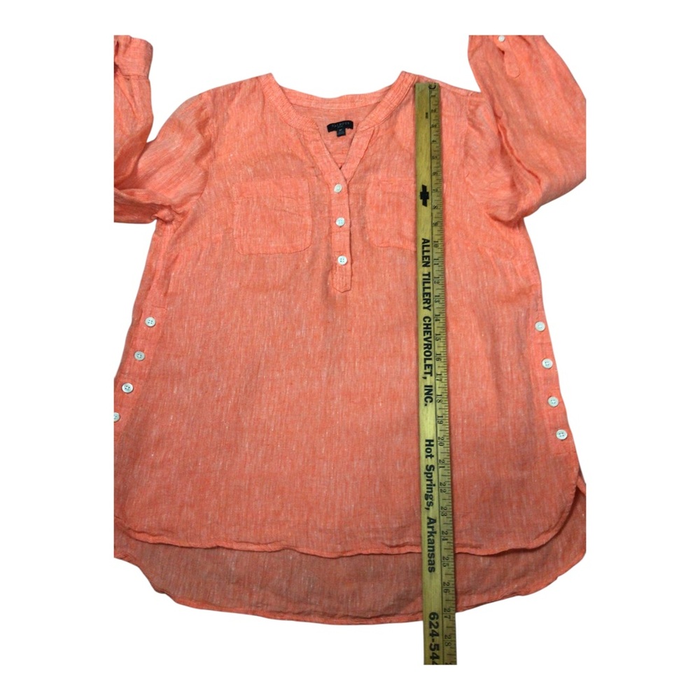 Talbots 100% Linen Tunic Blouse Orange Roll Tab Sleeve Sz MP Side Button Details - Picture 8 of 9